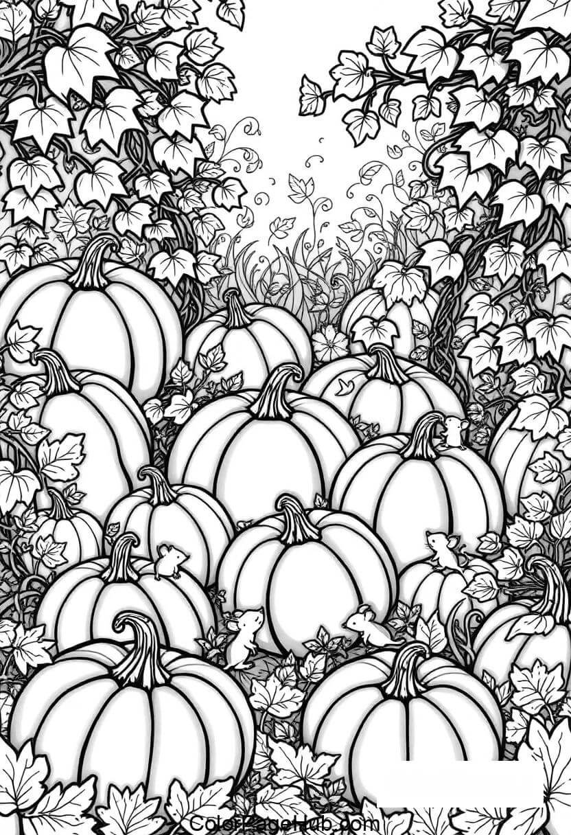 A black and white illustration of various large pumpkins surrounded by abundant leaves and vines. Small animals peek among the pumpkins, and the background shows swirling leaves and grass. The scene evokes an autumnal harvest mood.