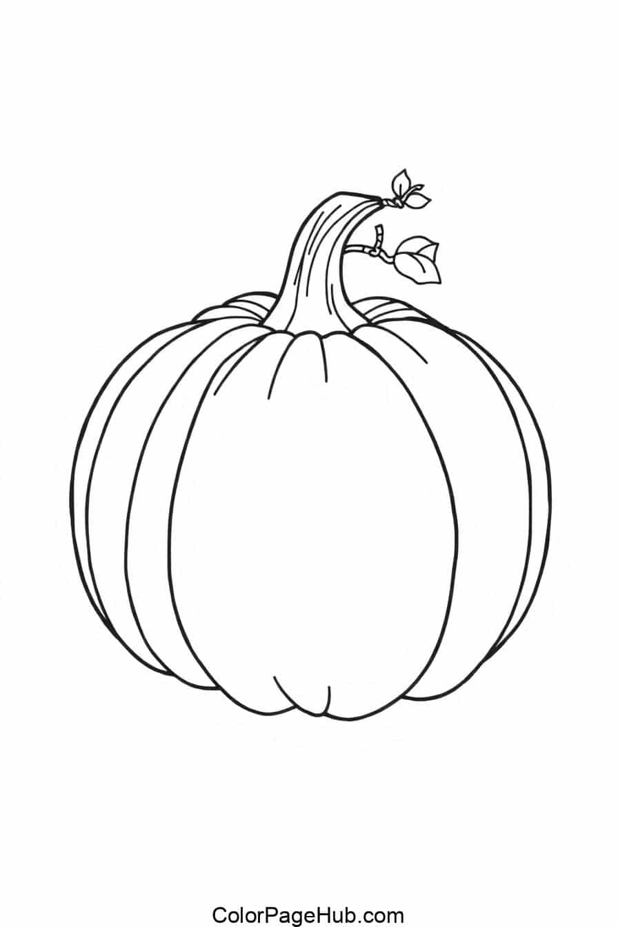 Black-and-white pumpkin with a sturdy stem and small leaves, ideal for Pumpkin Coloring Pages, free printable enjoyment.