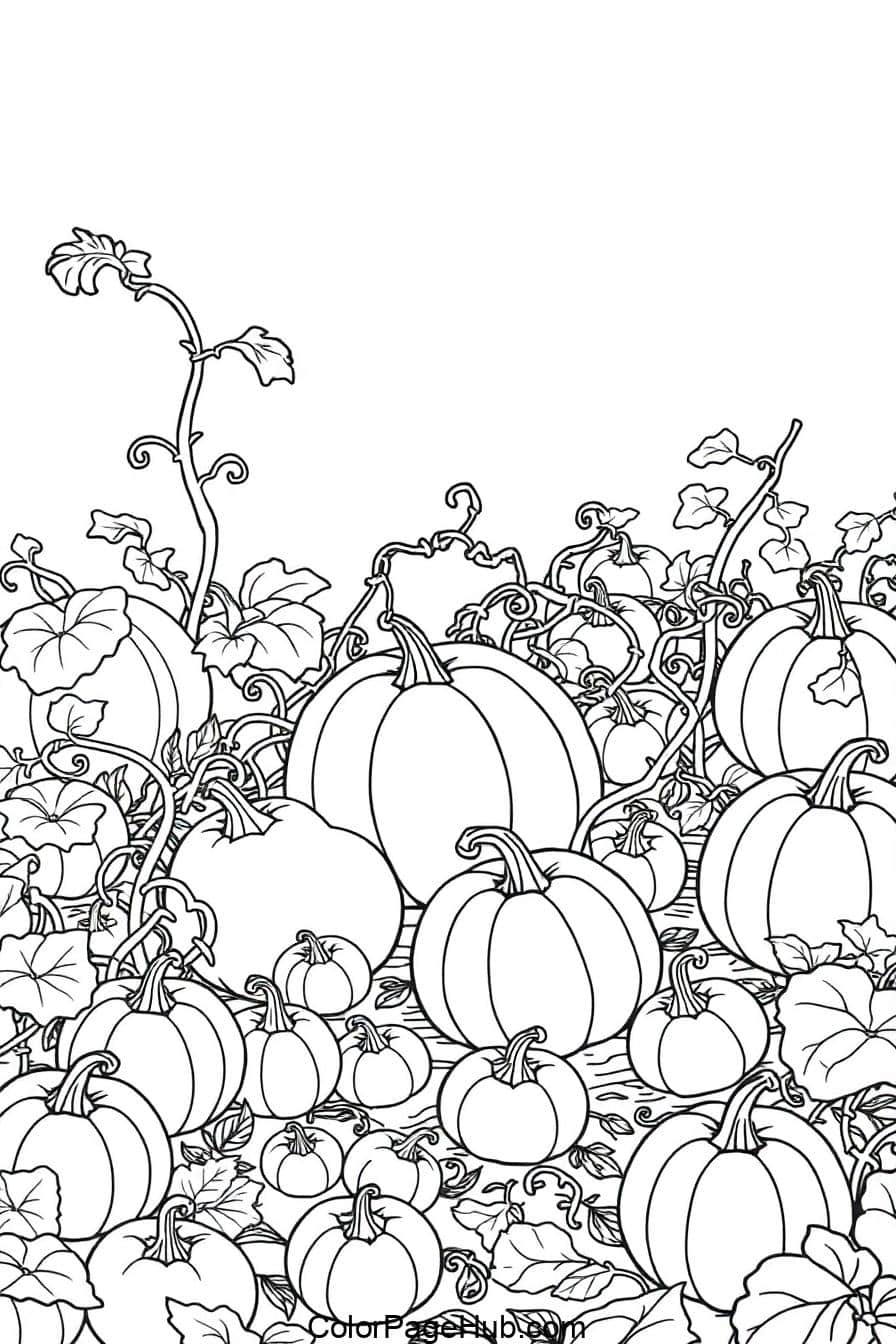 Black and white illustration of a pumpkin patch with various sizes of pumpkins surrounded by winding vines and leaves. The background is blank, highlighting the intricate details of the pumpkins and foliage.