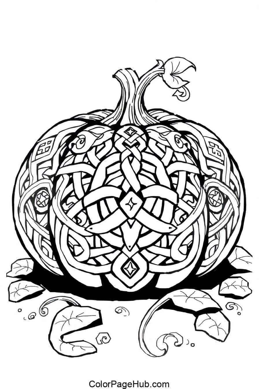 A black and white illustration of a pumpkin with intricate Celtic knot patterns. Vines and leaves are scattered around the pumpkin on the ground.