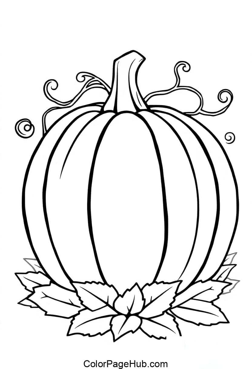 A black and white illustration of a pumpkin with swirling vines and leaves at its base. The pumpkin is large and round with prominent vertical ridges, positioned centrally against a plain background.