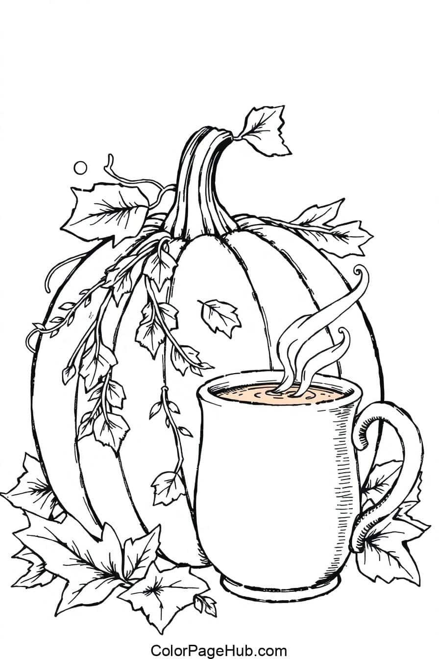 A line drawing of a large pumpkin with leaves and vines, accompanied by a steaming mug of a hot beverage in front. Several fallen leaves are scattered around the base of the pumpkin.