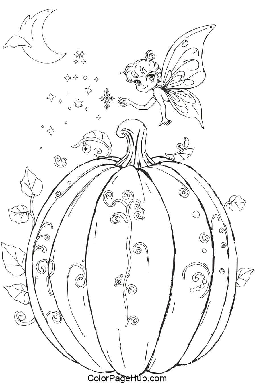 A magical pumpkin coloring page featuring a fairy with butterfly wings hovering over a large, decorated pumpkin with swirling vines.