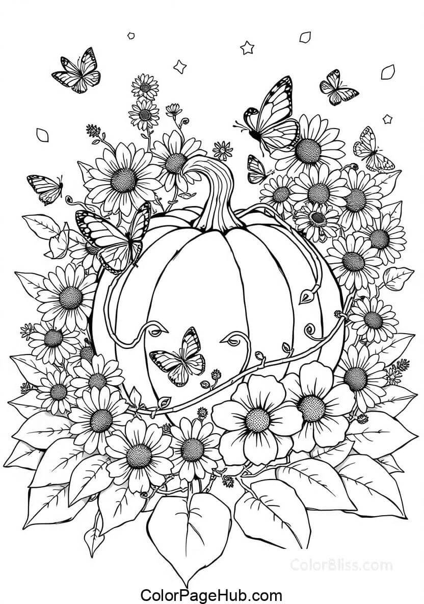 Black and white illustration of a pumpkin surrounded by flowers and butterflies. The composition includes large blossoms and multiple butterflies, creating an intricate and whimsical design.