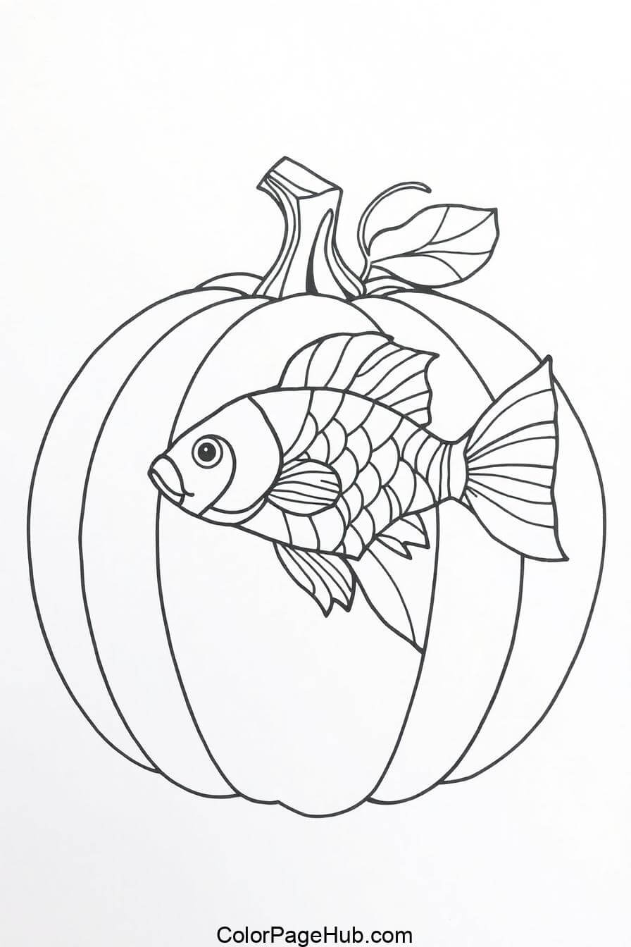 A black and white drawing featuring a pumpkin with a fish inside it. The pumpkin has a stem and a single leaf. The fish is detailed with scales and fins.