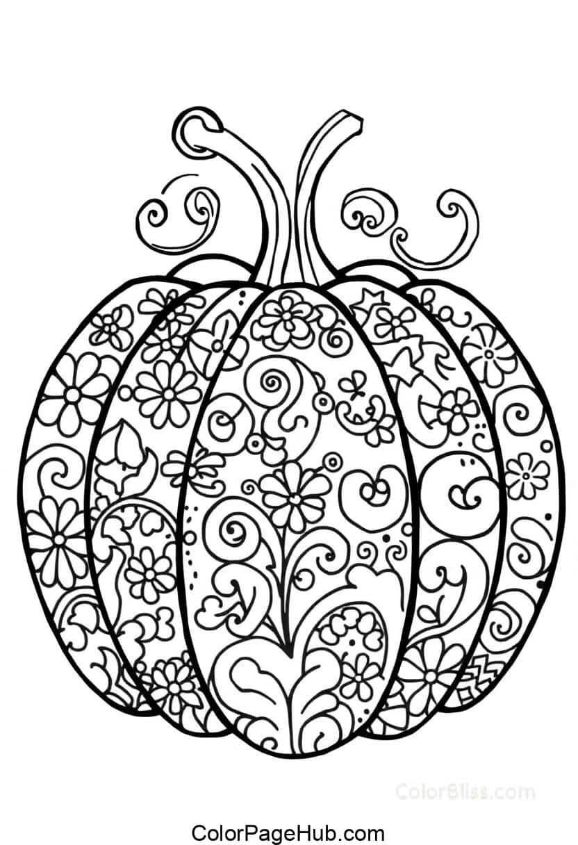 Black and white illustration of a pumpkin with intricate floral and swirl patterns covering its surface. Two curling stems extend from the top, adding detail to the intricate design.