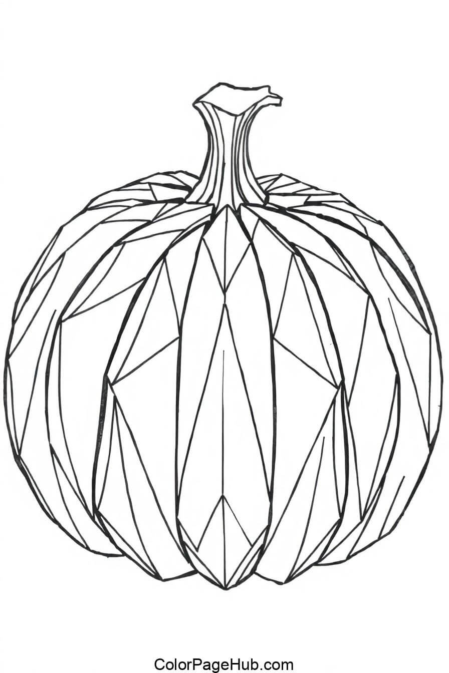 Line drawing of a geometric-style pumpkin with faceted patterns. The pumpkins shapes are formed by intersecting lines, giving it an angular, modern appearance. The sketch is in black and white.