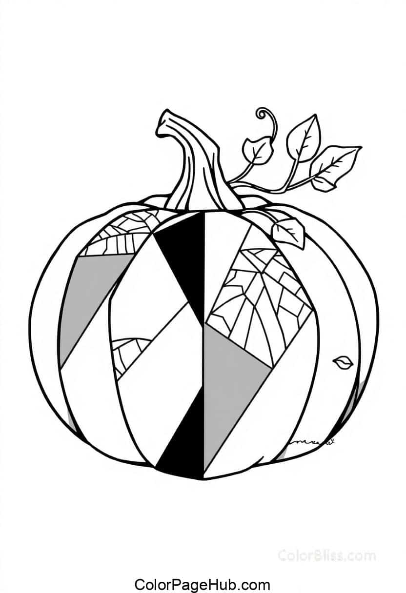Black and white illustration of a pumpkin with geometric patterns and leaf details. The design includes triangular shapes and creative lines, with two leaves attached to the stem at the top right.
