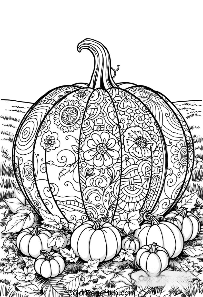 A large, intricately patterned pumpkin sits in a field, adorned with detailed floral and swirl designs. Surrounding it are smaller pumpkins and leaves, all in black and white, creating a coloring page scene.