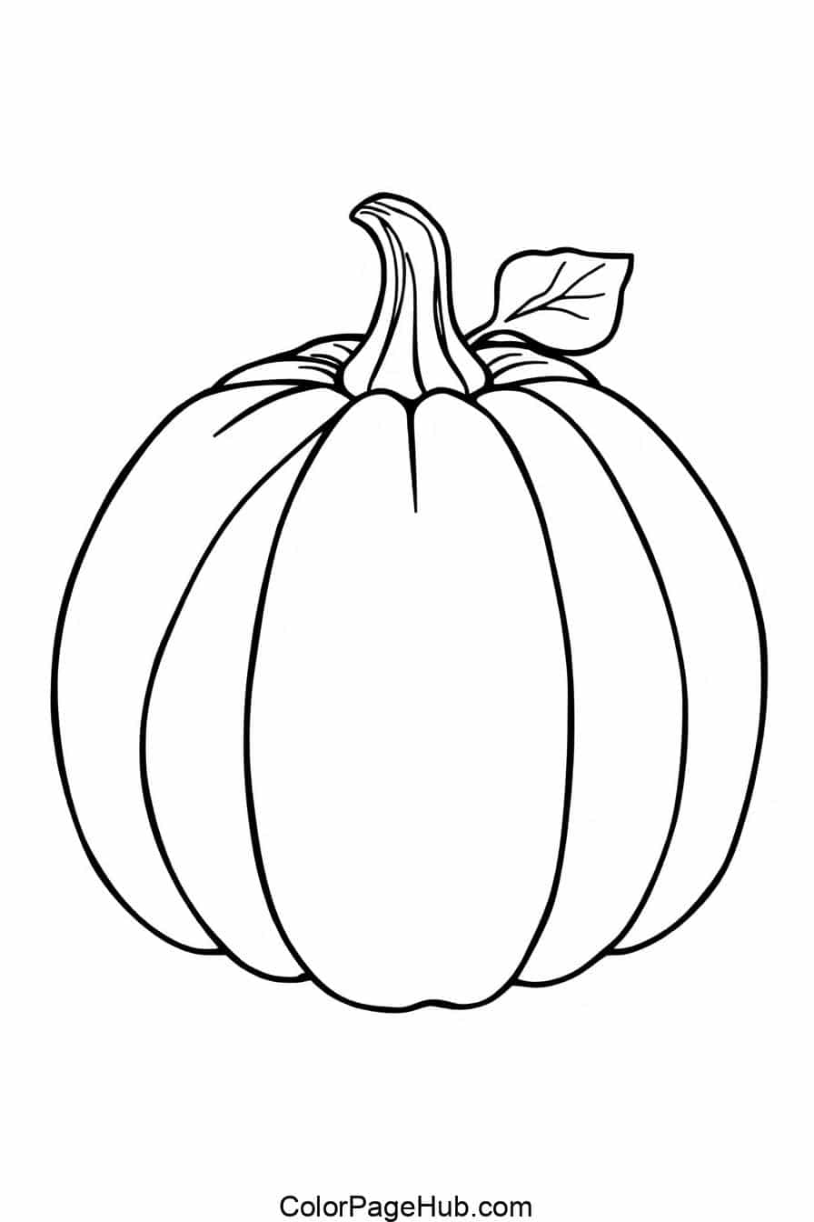 Minimalist black-and-white pumpkin with a stem and leaf, great for Pumpkin Coloring Pages, free printable fun.