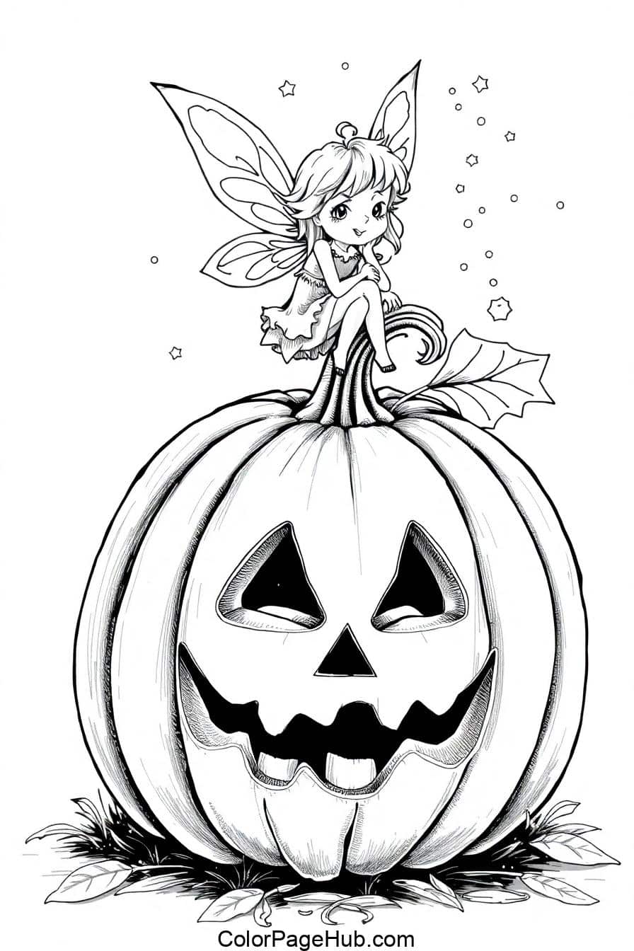 A whimsical pumpkin coloring page featuring a fairy sitting atop a carved Jack-o'-lantern with glowing stars and magical details.