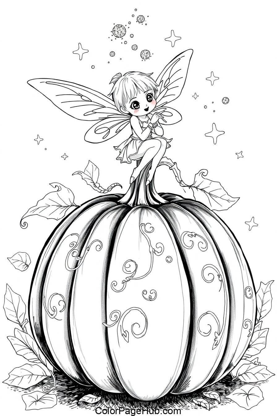 A magical pumpkin coloring page featuring a fairy sitting atop a decorated pumpkin, surrounded by leaves and stars, perfect for fall fun.