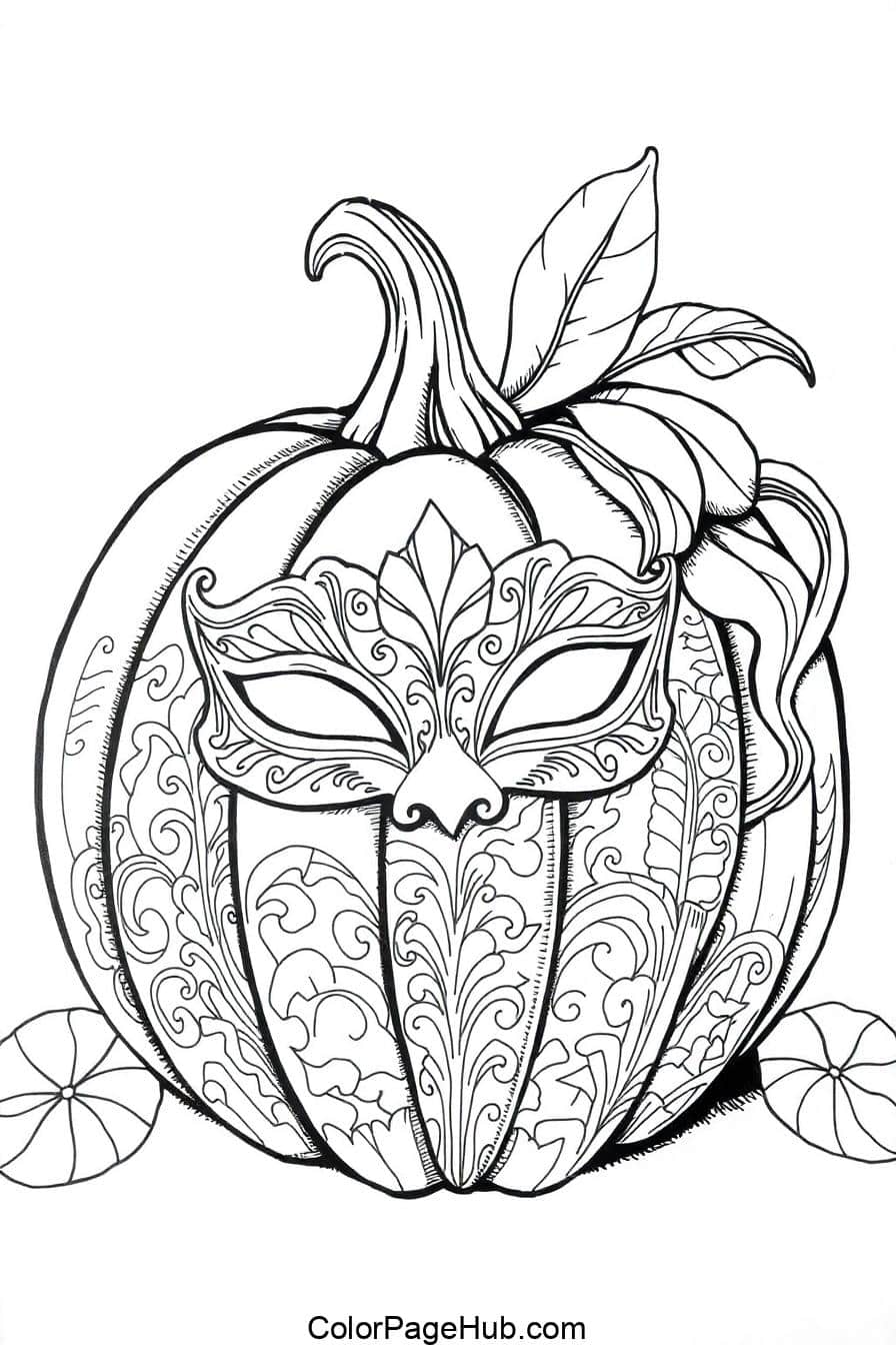A detailed line art drawing of a pumpkin with intricate patterns and a mask-like design on the front. The pumpkin features swirling and floral motifs, with two small decorative circles on either side.