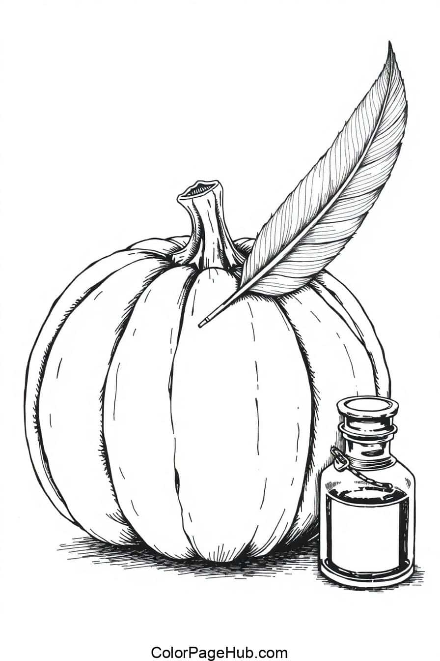 Line drawing of a pumpkin, a feather, and an ink bottle. The pumpkin is large and round, the feather rests on it, and the ink bottle is small with a cork stopper, sitting in the foreground.