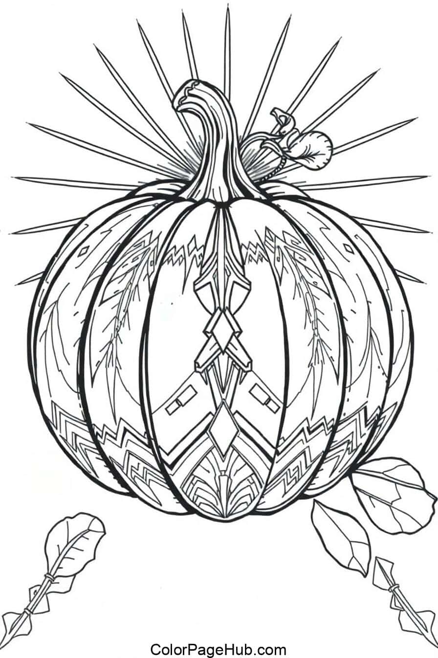 Black and white illustration of a pumpkin with intricate patterns and symmetrical designs. Leaves surround the base, and sharp, angular lines emanate from the top, adding a dramatic, decorative effect.