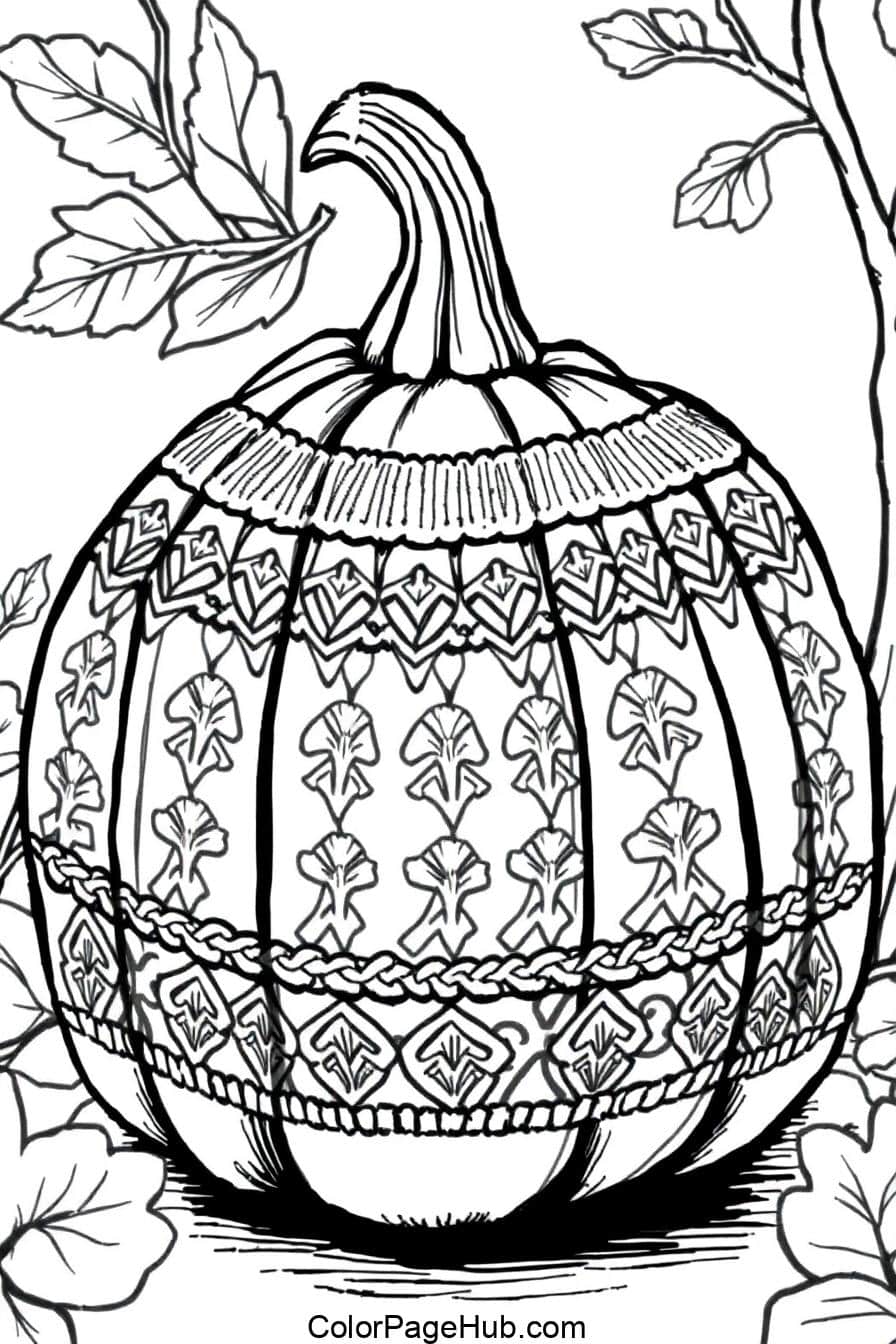 Black and white illustration of a pumpkin with intricate patterns, including zigzags, leaves, and braids. There are leafy vines surrounding the pumpkin.