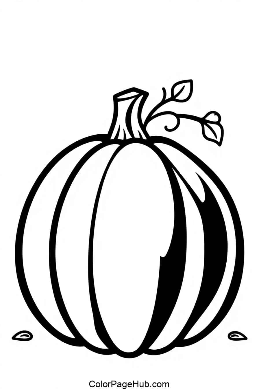 Simple black-and-white pumpkin with a curly vine and leaves, ideal for Pumpkin Coloring Pages, free printable fun.