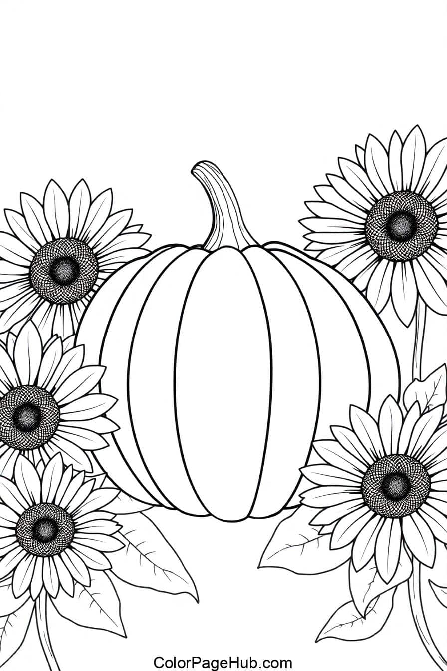 Black-and-white pumpkin surrounded by sunflowers, perfect for Pumpkin Coloring Pages, free printable autumn art.
