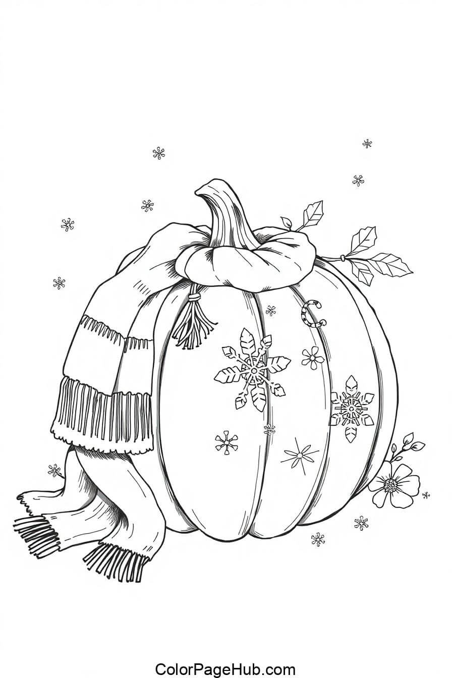 A cozy winter-themed pumpkin coloring page featuring a pumpkin wrapped in a scarf, adorned with snowflakes and leaves. Perfect for seasonal fun!