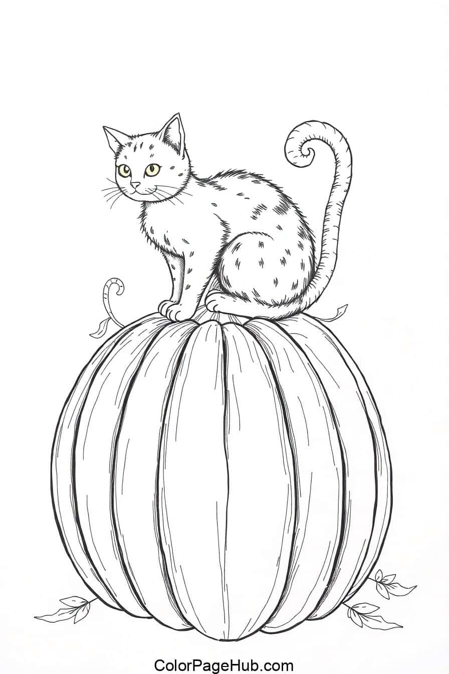 A charming pumpkin coloring page featuring a fluffy cat sitting on top of a large pumpkin, perfect for autumn and Halloween-themed fun!