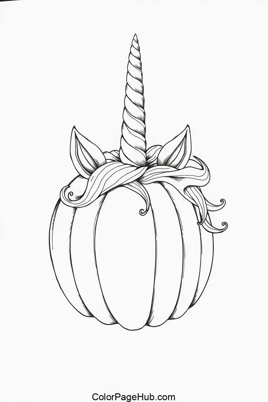 Whimsical black-and-white unicorn pumpkin with a horn and ears, perfect for Pumpkin Coloring Pages, download now.