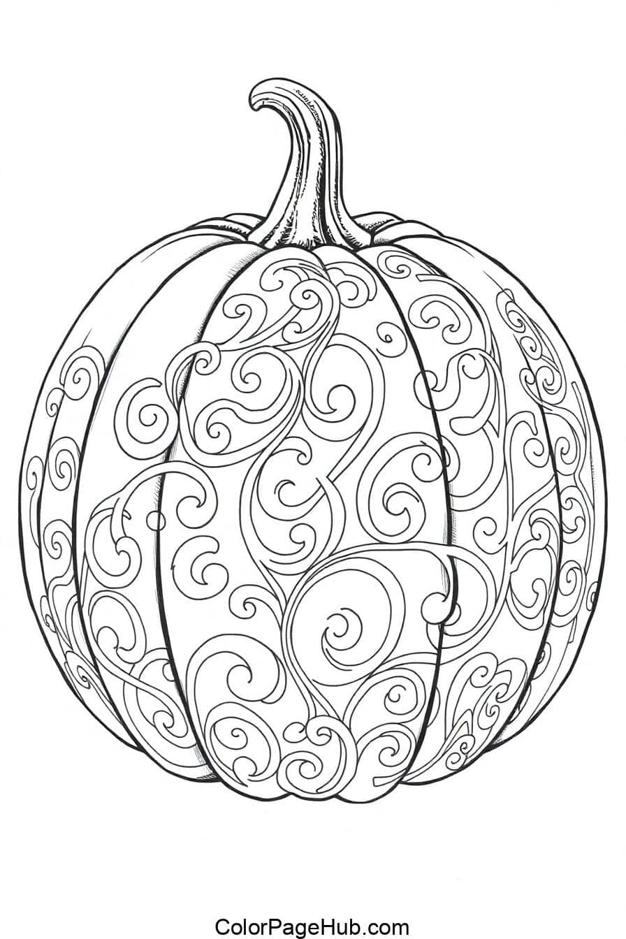 Intricate black-and-white pumpkin with swirling patterns, ideal for Pumpkin Coloring Pages, free printable art.