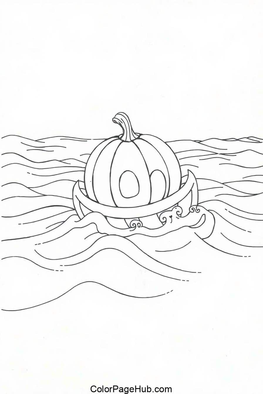 Black-and-white pumpkin boat with a carved face sailing on waves, ideal for Pumpkin Coloring Pages.