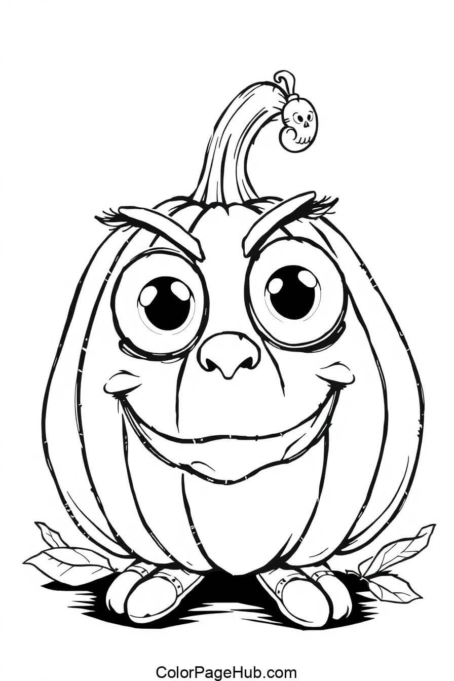 Cute black-and-white pumpkin with a smiling face, big eyes, and a skull on its stem, great for Pumpkin Coloring Pages.