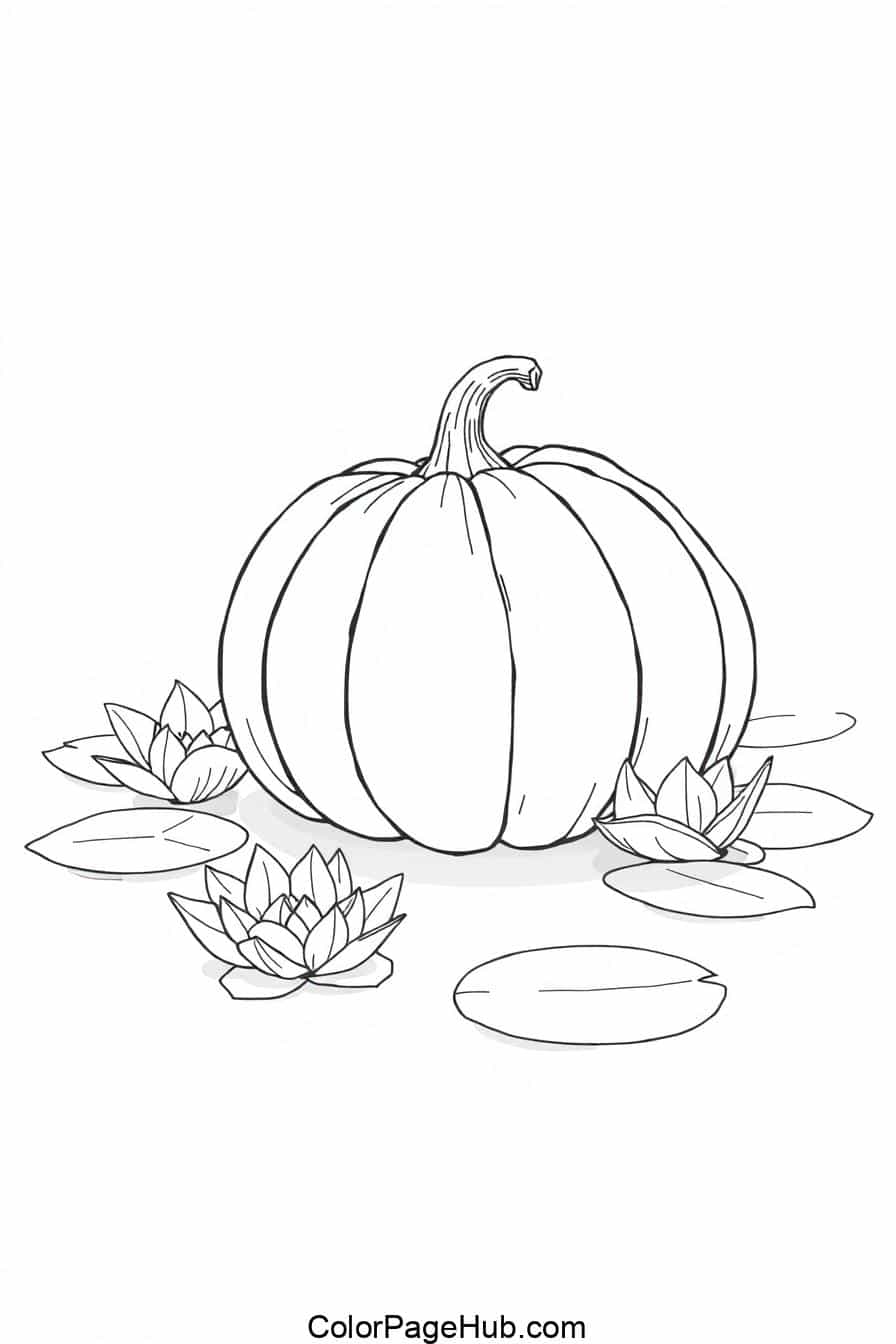 Black-and-white pumpkin with a curved stem, surrounded by lily pads and flowers, perfect for Pumpkin Coloring Pages.