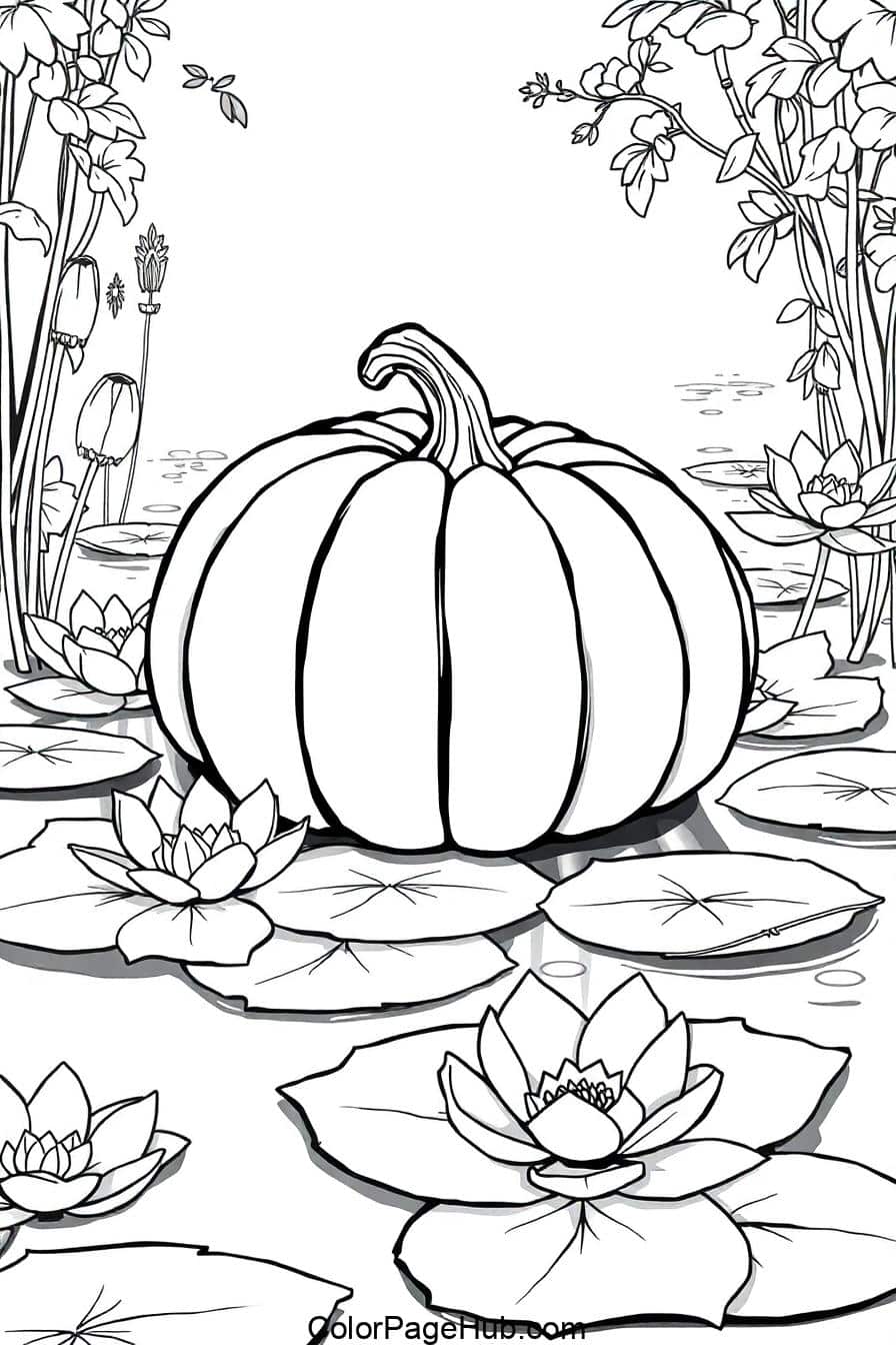 Detailed black-and-white pumpkin in a pond with lily pads and flowers, ideal for Pumpkin Coloring Pages.