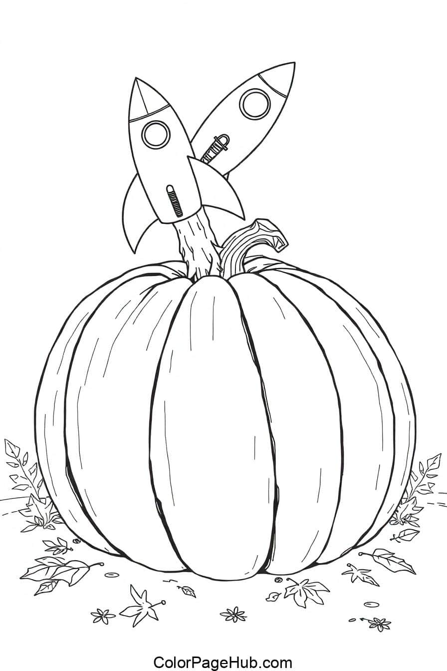 A fun pumpkin coloring page featuring a large pumpkin with two rockets launching from its stem, combining autumn and space adventure themes!