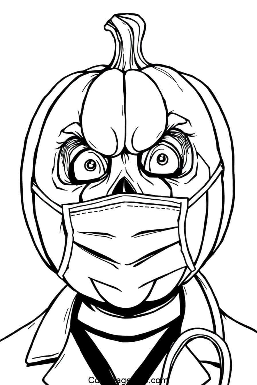 Line art of a person with a pumpkin for a head, wearing a medical mask and a doctors coat. The pumpkin has exaggerated eyes and a bulbous nose. A stethoscope hangs around the neck, adding a humorous touch.