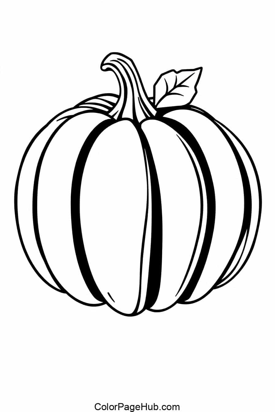Detailed black-and-white pumpkin with a wavy stem and leaf, ready for Pumpkin Coloring Pages, free printable creativity.