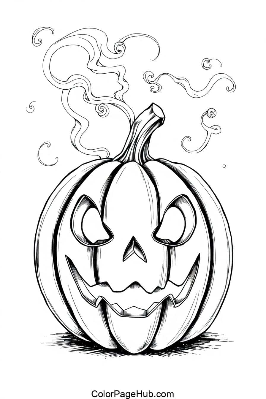 Line art of a carved pumpkin with a mischievous grin and triangular eyes. Swirling smoke rises from the top, creating a whimsical, spooky atmosphere. The stem is slightly curved. The background is plain, highlighting the pumpkins intricate details.