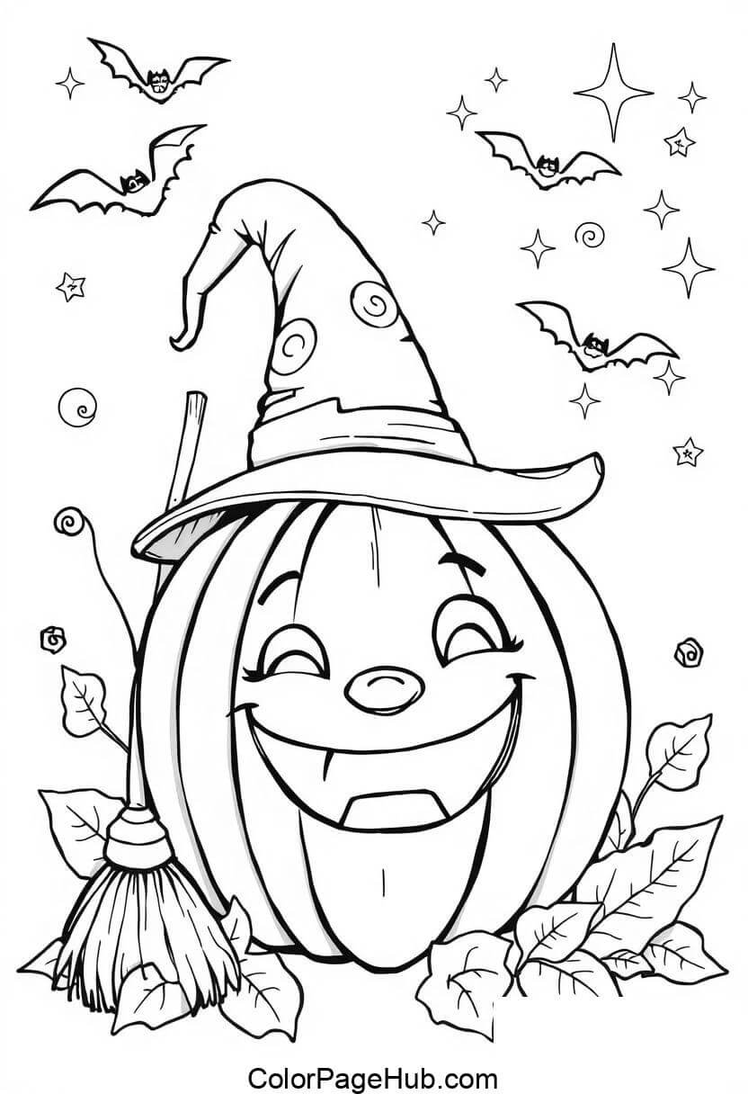 A cheerful jack-o-lantern with a witch hat and a broomstick, surrounded by leaves. Bats fly around it in a starry sky. The pumpkin has a wide, smiling face with fangs. The illustration is in black and white.
