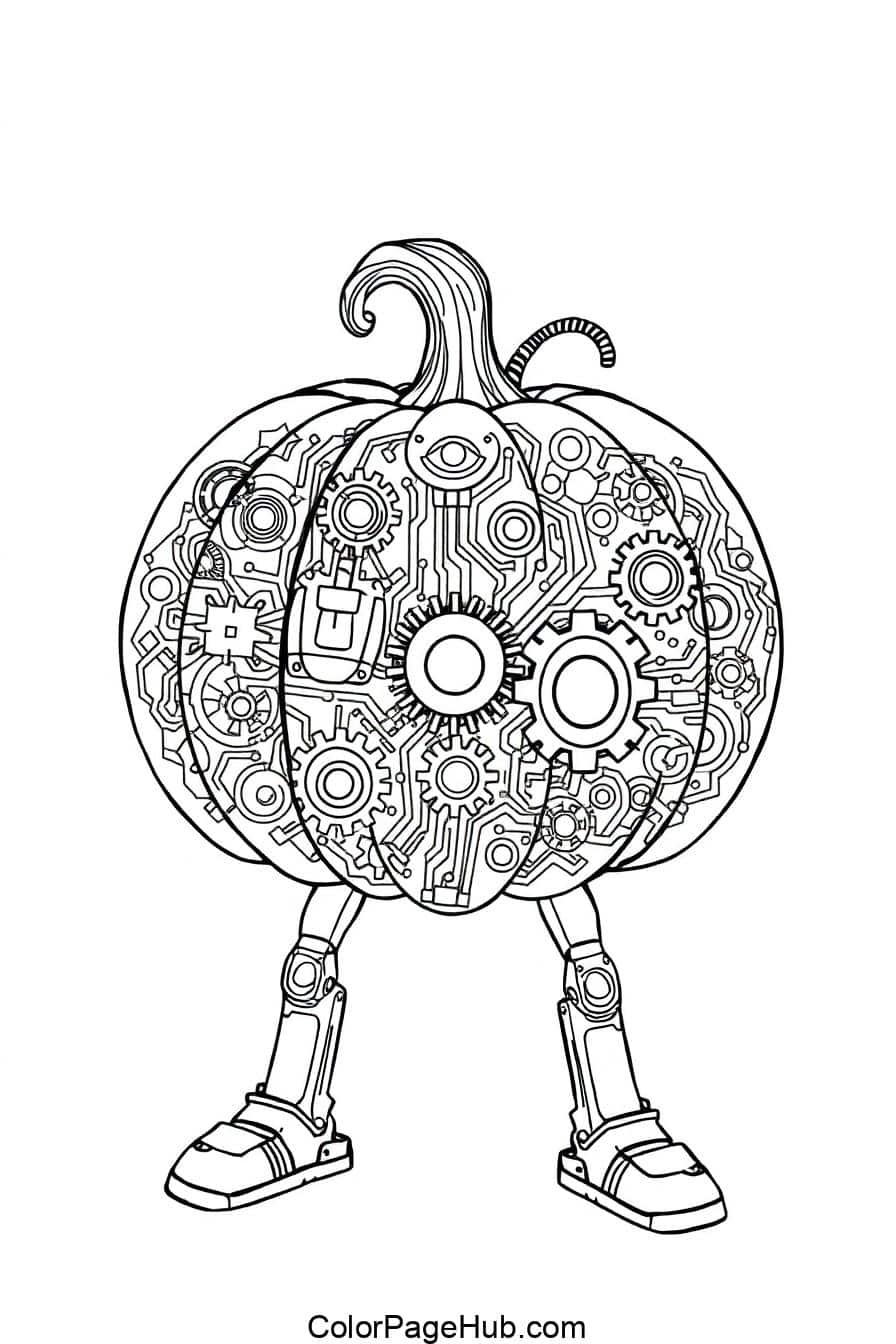 A pumpkin with intricate gears, circuits, and mechanical components making up its body, standing on robotic legs with boots. The design is a black and white illustration combining organic and technological elements.