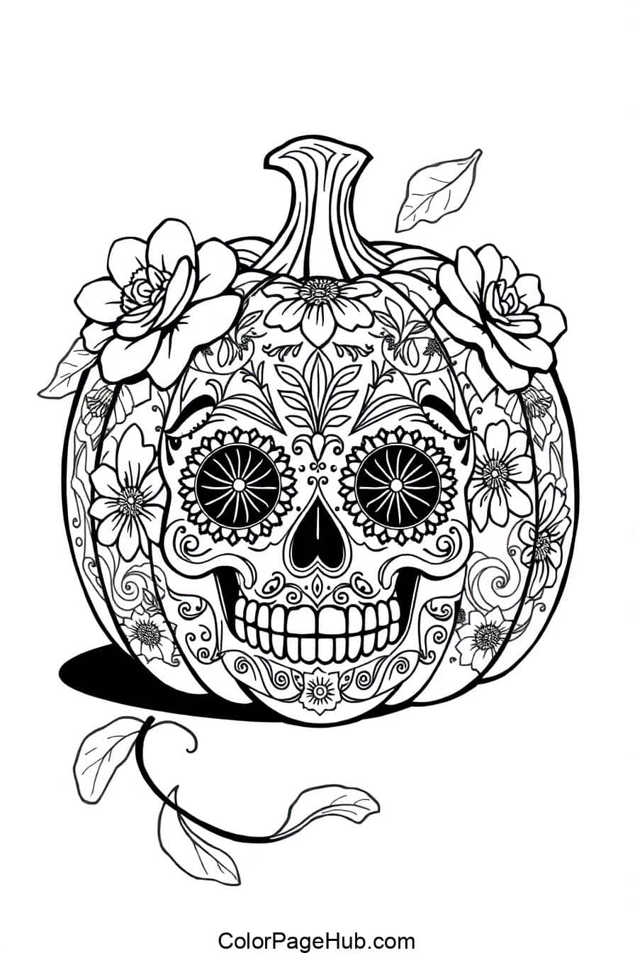 A detailed pumpkin coloring page featuring a Día de los Muertos sugar skull design, decorated with floral patterns and intricate swirls.