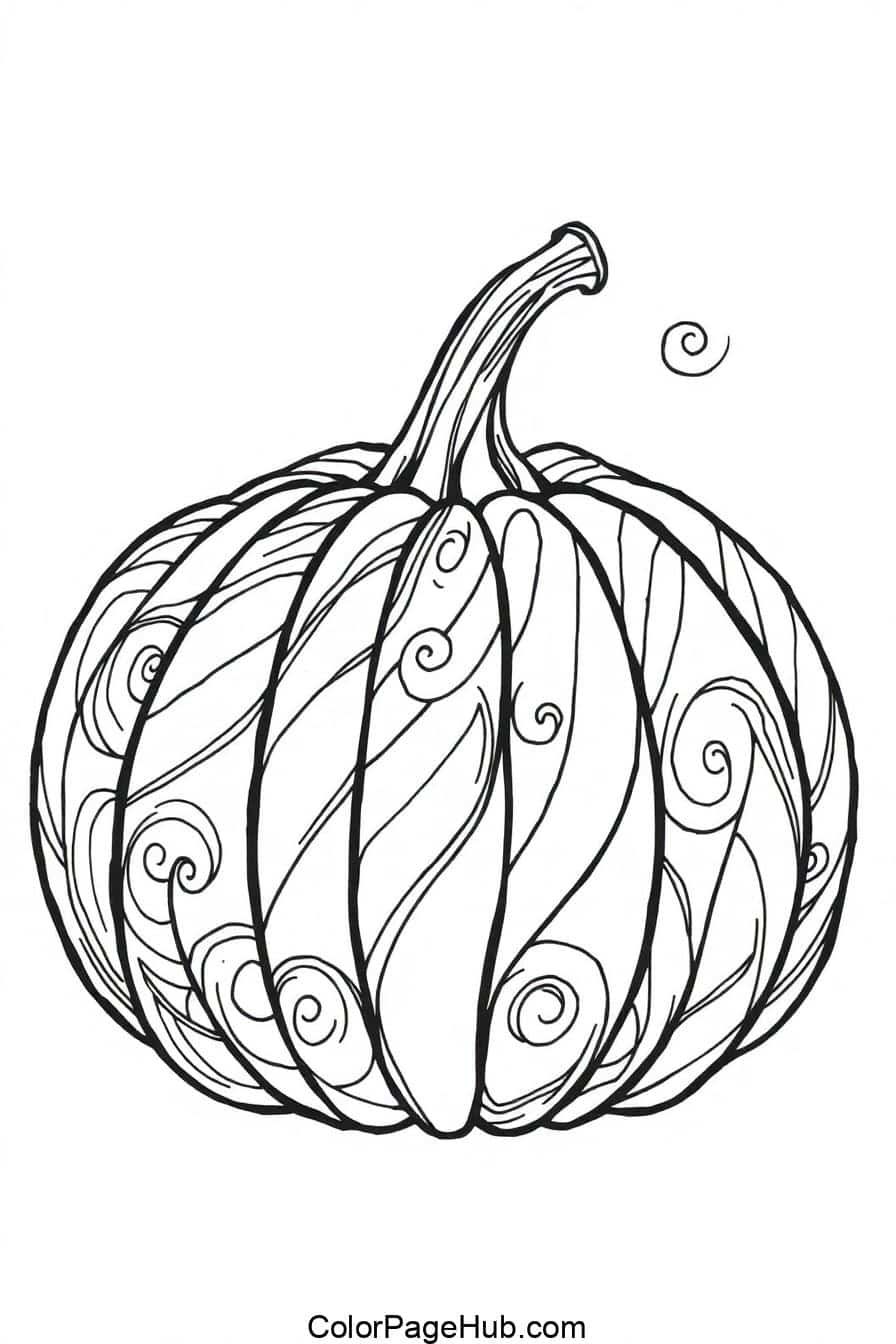 A beautifully detailed pumpkin coloring page with swirling patterns and curved lines, perfect for a fun and creative autumn activity.