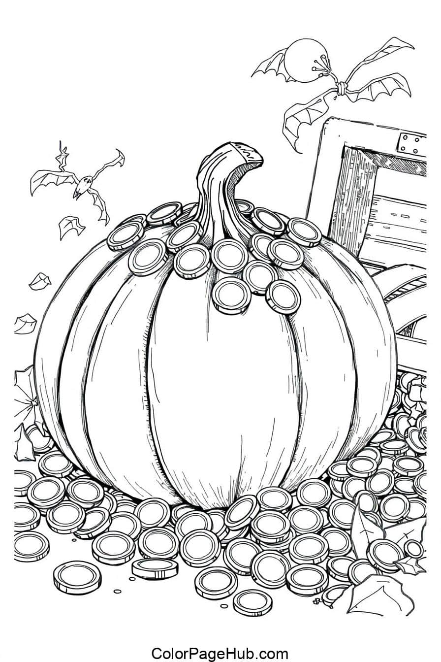 A large pumpkin surrounded by numerous bottle caps. In the background, theres a window with a bat hanging from it and a few scattered leaves. The scene is drawn in black and white.