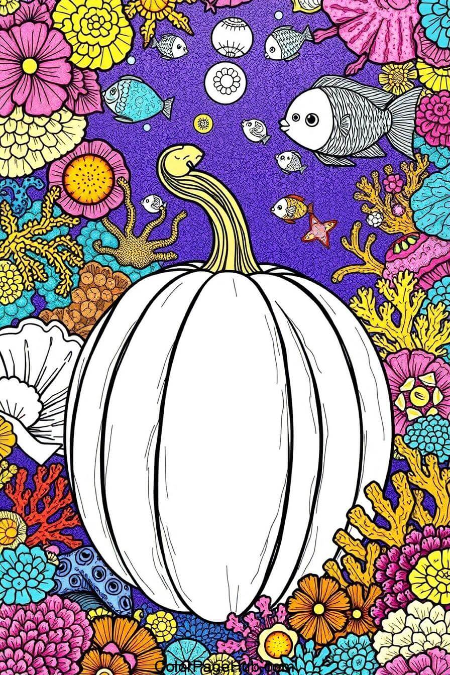 A large, outlined pumpkin sits in the center against a vibrant underwater scene. Surrounding it are colorful corals, fish, and sea creatures, all set against a purple background. The image is detailed and whimsical.