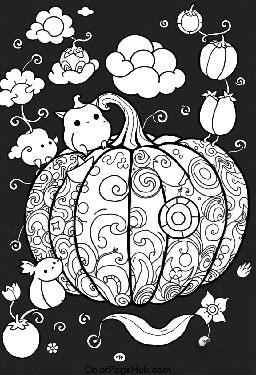 Black and white illustration of a large, patterned pumpkin surrounded by cute, cartoonish creatures and clouds. The design includes ornate swirls and abstract decorations, creating a whimsical and playful scene.
