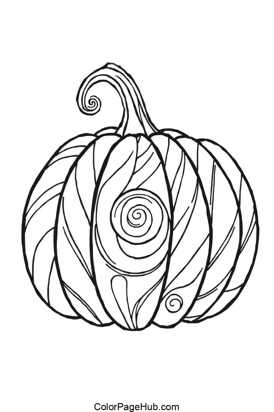 A whimsical pumpkin coloring page featuring intricate swirling patterns and curved lines, perfect for creative and relaxing autumn fun!