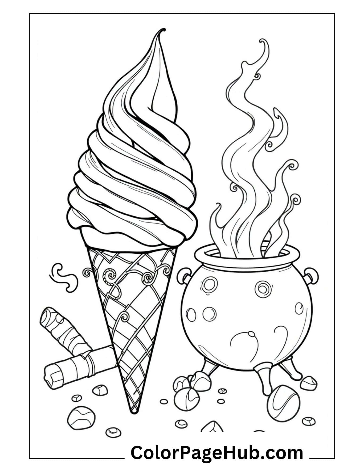 Magical ice cream coloring pages featuring soft serve cone beside bubbling cauldron with swirling steam - perfect for fantasy fans