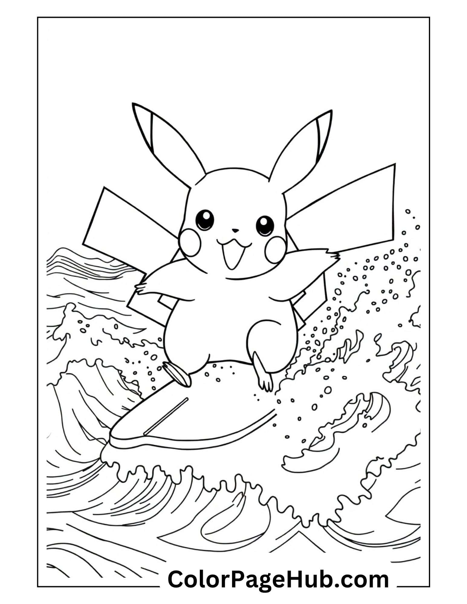Surfing Pikachu coloring pages featuring the energetic Pokemon character riding ocean waves on a surfboard with a happy expression