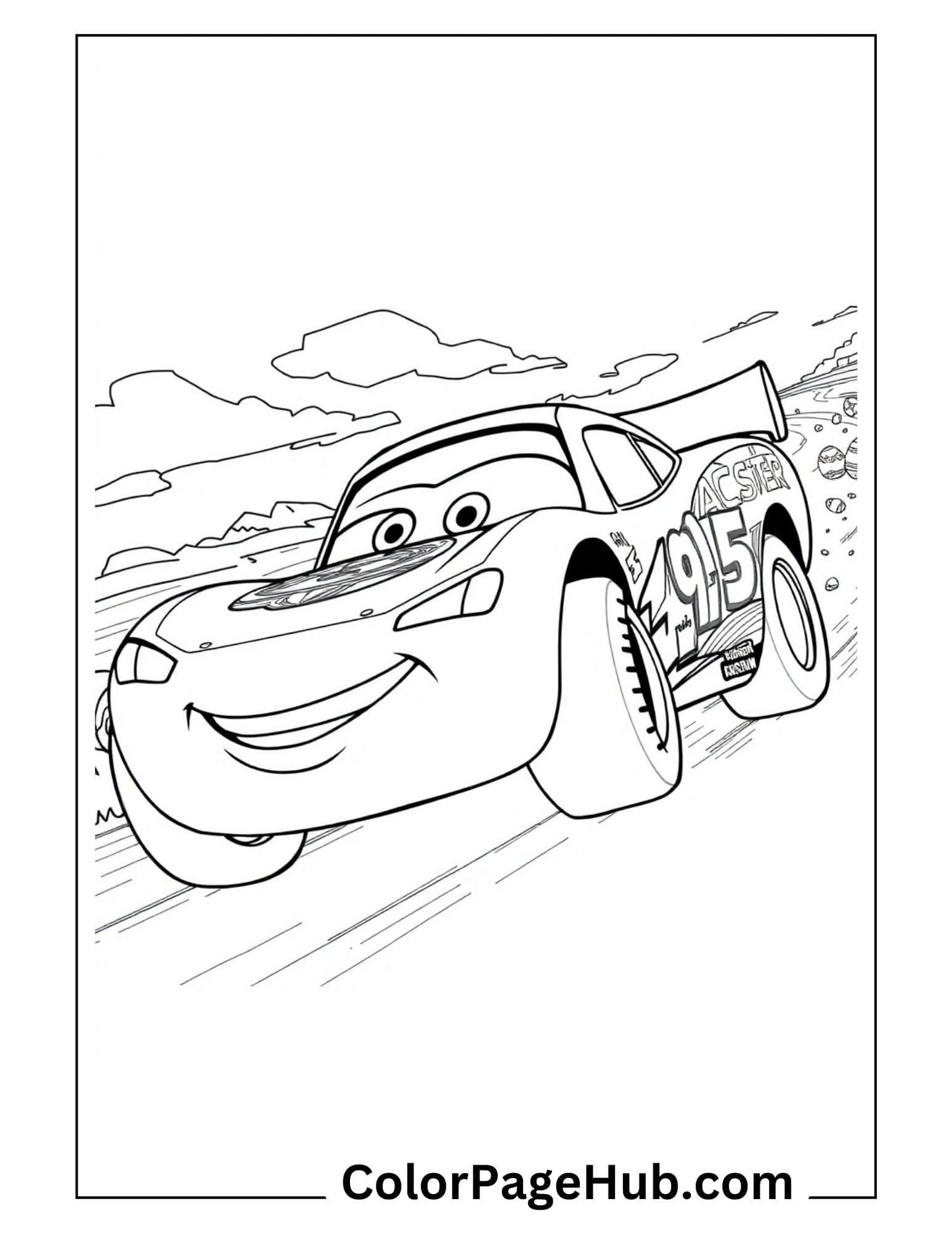Lightning McQueen racing coloring page with car #95 speeding on track under cloudy sky - free printable Lightning coloring pages