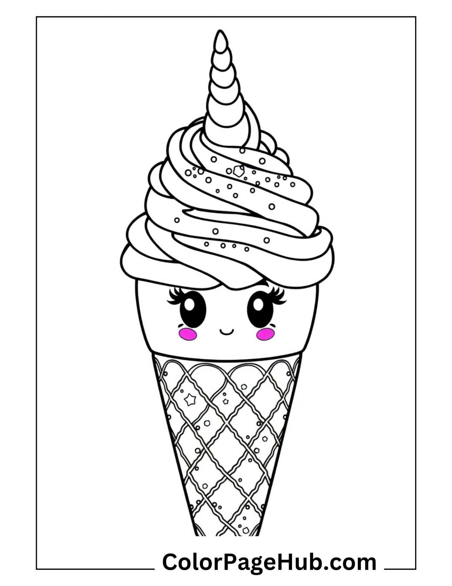 Unicorn ice cream coloring page with magical horn, cute face and sprinkle-covered waffle cone, perfect for fantasy-loving children.
