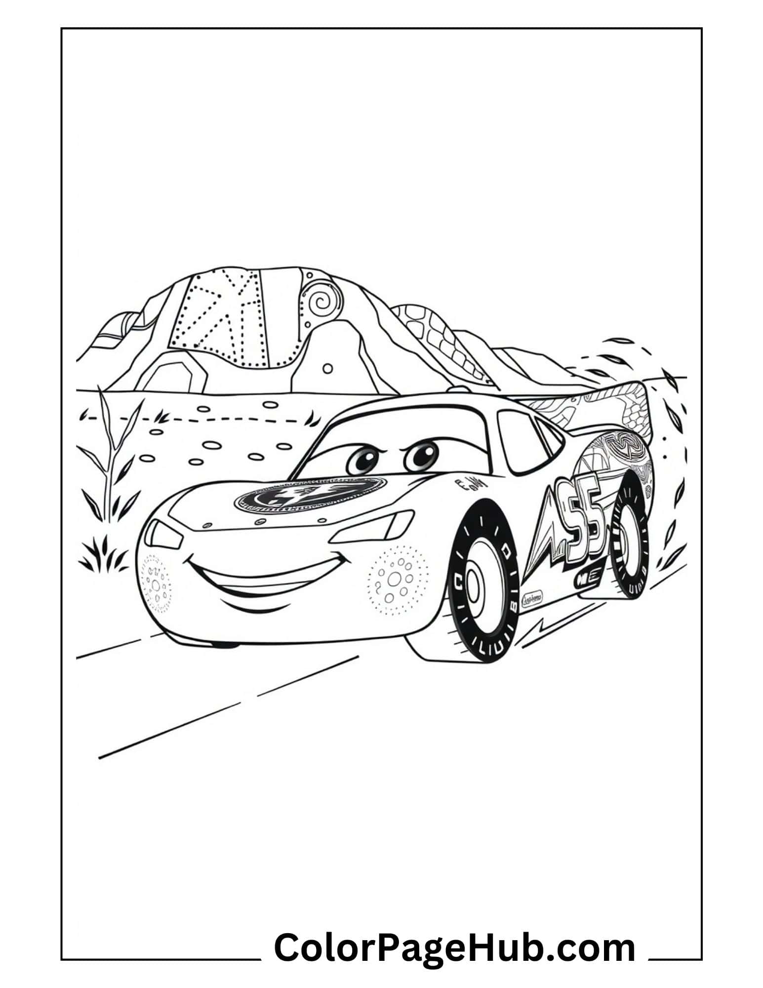 Desert racing Lightning McQueen coloring page with patterned mountains - printable Lightning coloring pages for kids