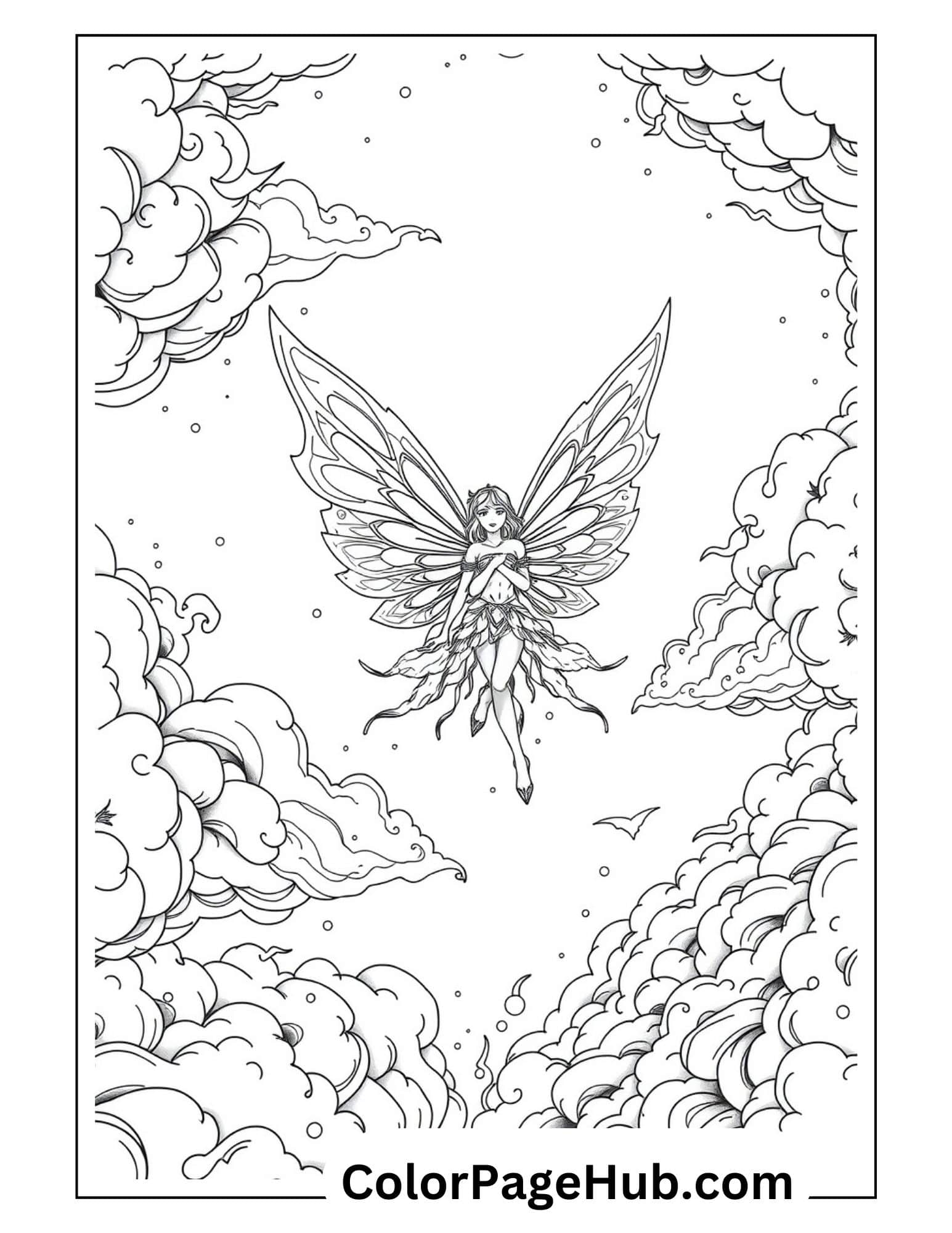 Ethereal fairy coloring page featuring a detailed winged fairy floating among swirling clouds, perfect for fantasy art enthusiasts