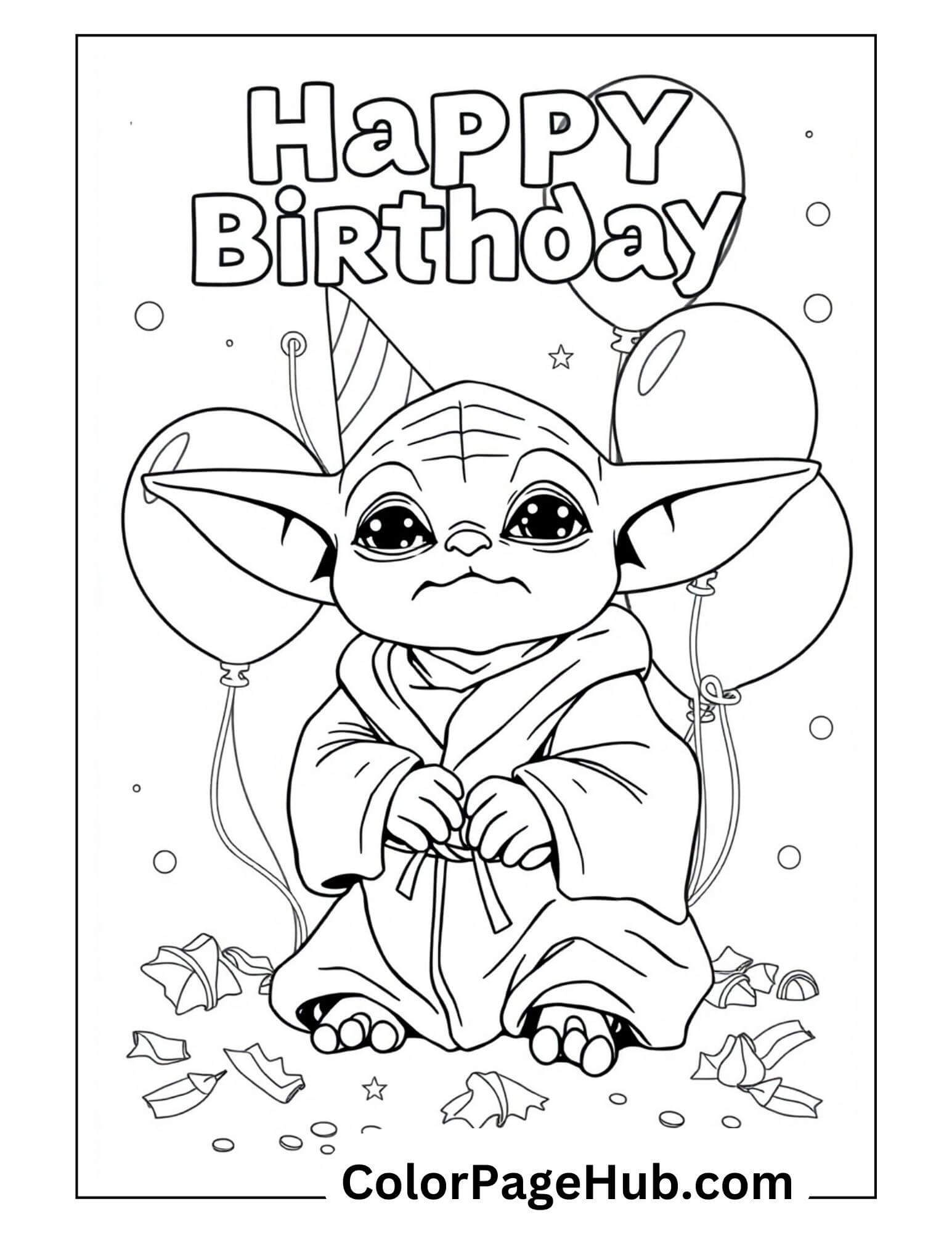 Immerse yourself in this Happy Birthday coloring page featuring an adorable small creature with large ears and big eyes, all dressed in a whimsical robe. It playfully holds a party hat amidst colorful balloons and scattered confetti, while Happy Birthday adorns the top.