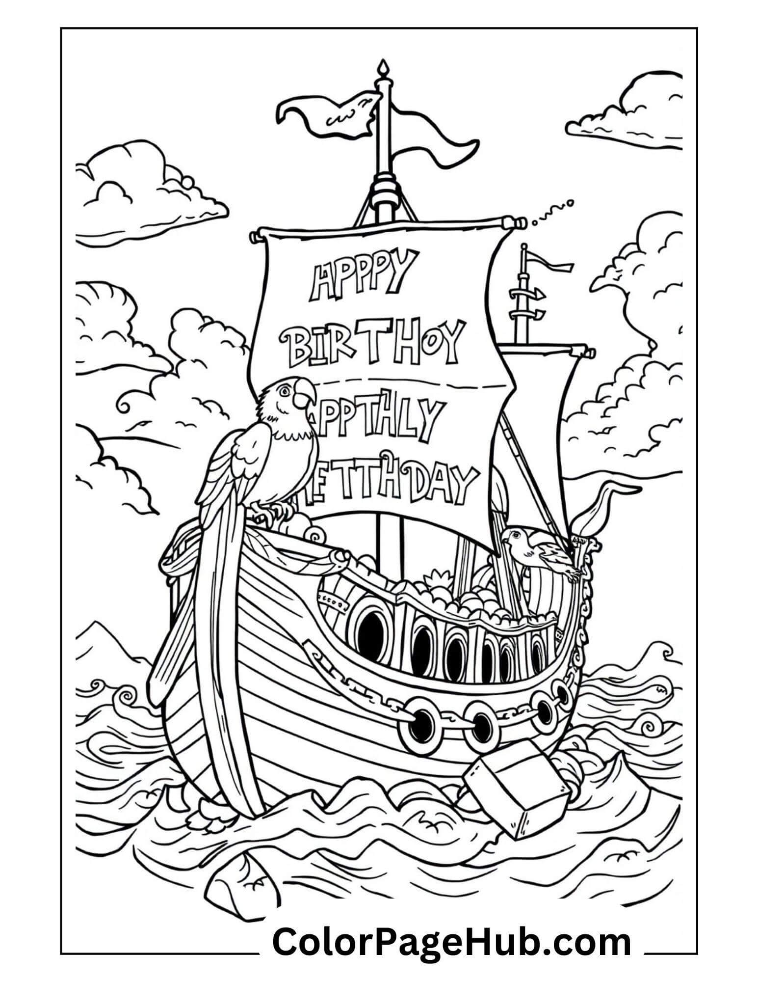 A delightful Happy Birthday coloring page showcases a sailing ship with two sails exclaiming Happy Birthday. A cheerful parrot perches on the ships side, as it glides through wavy waters under a sky dotted with fluffy clouds.